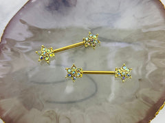 Pair of 14G Gold Multicolor Gem Flower Ends Nipple Barbell