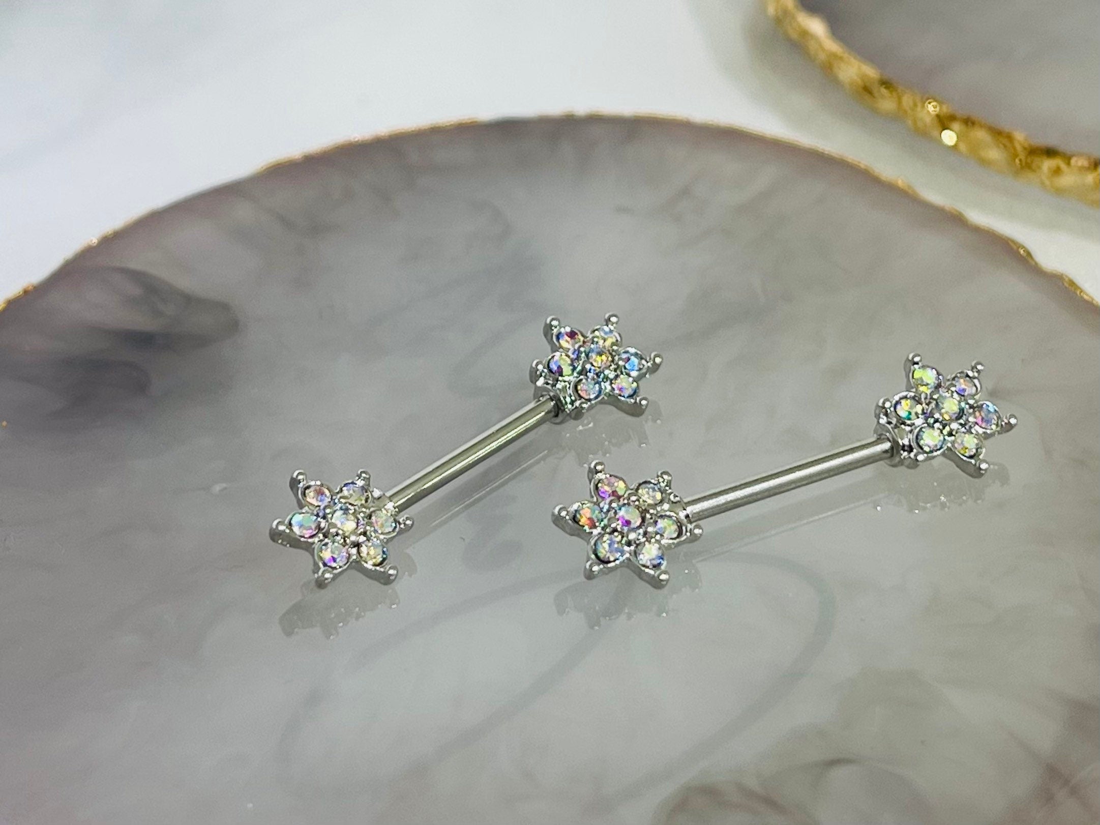 Pair of 14G Silver Multicolor Gem Flower Ends Nipple Barbell