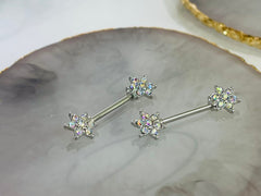 Pair of 14G Silver Multicolor Gem Flower Ends Nipple Barbell