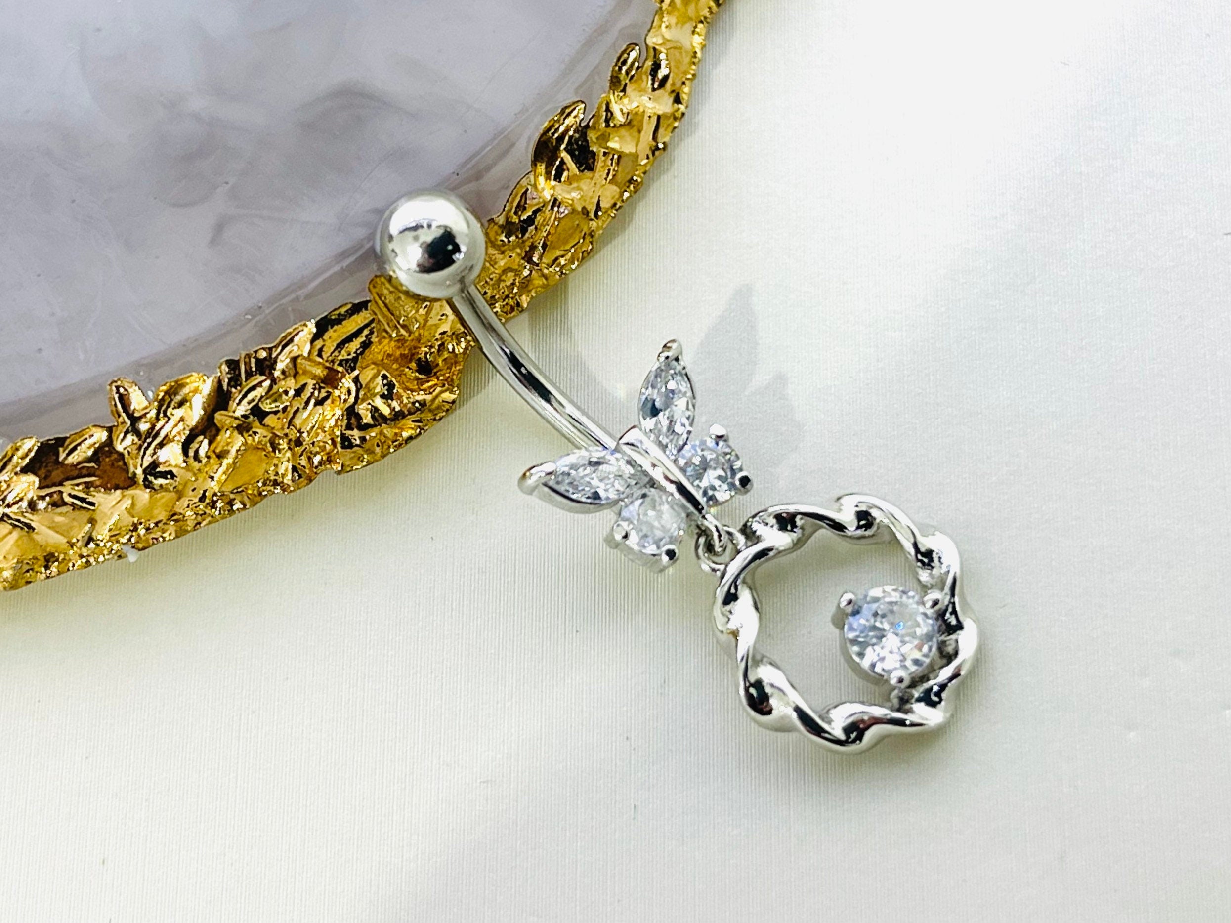 Dainty Silver Clear Gem Dangling Butterfly Belly Button Ring