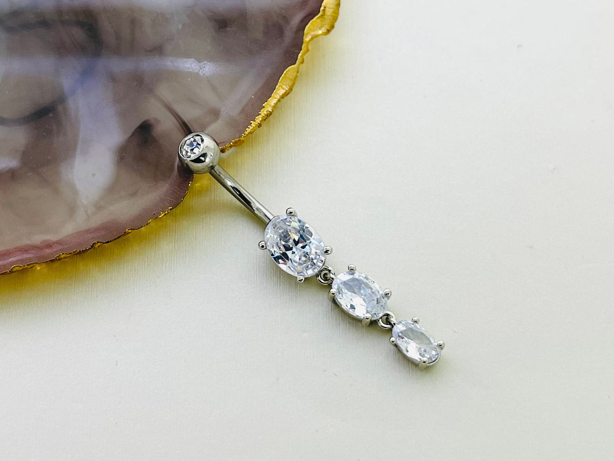 Dainty Silver Triple Oval Gem Dangling Belly Button Ring