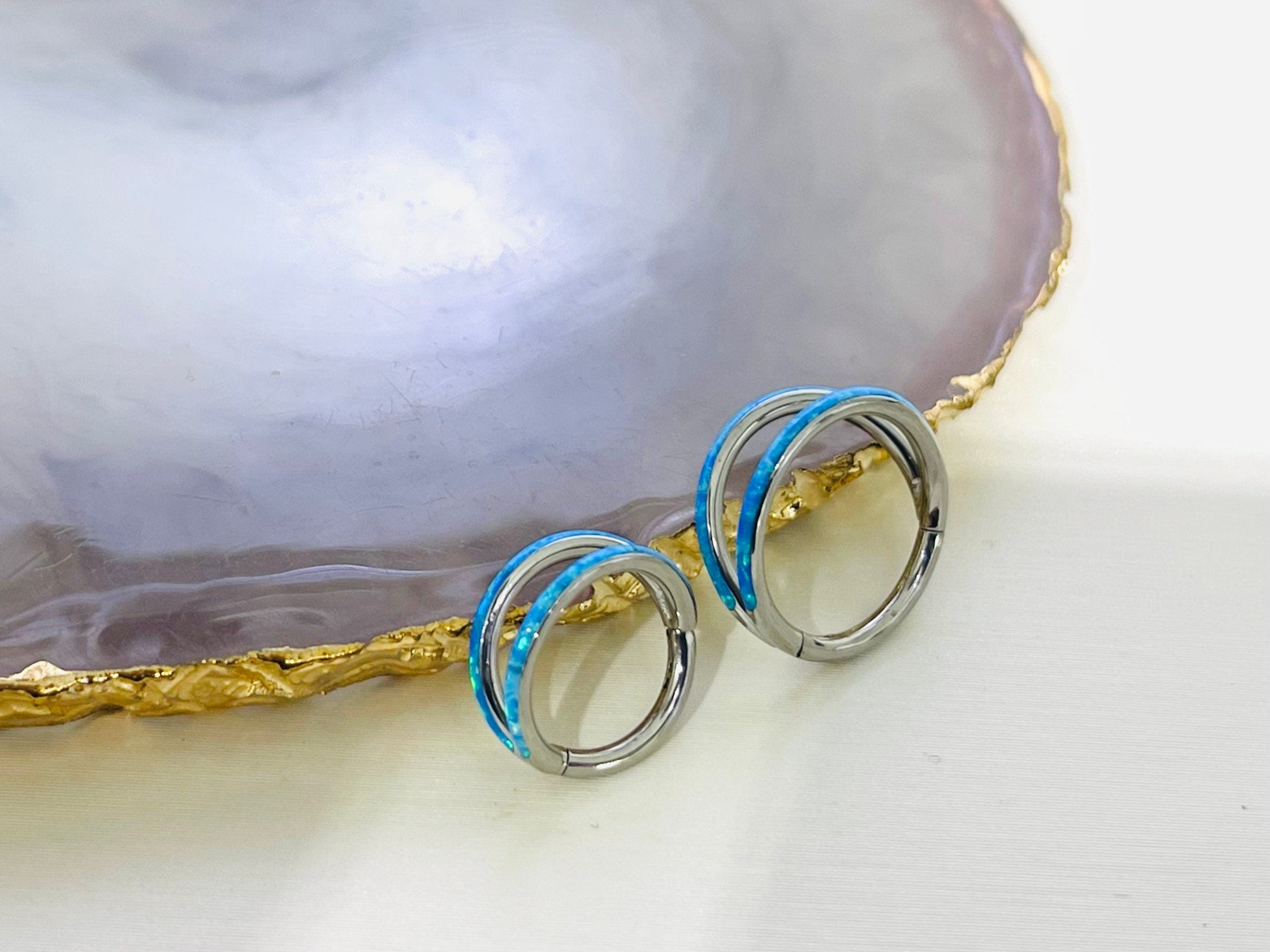 16G Implant Grade Titanium Double Line Blue Opal Hinged Clicker Ring