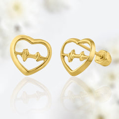 Dainty 14Karat Yellow Gold Open Heartbeat Screw Back Earrings