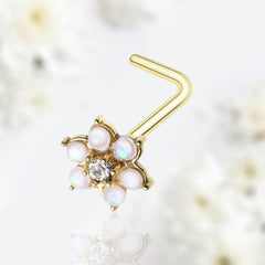 20G Gold White Opal Flower Top L Shape Nose Stud