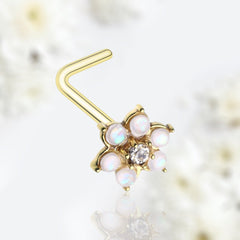 20G Gold White Opal Flower Top L Shape Nose Stud