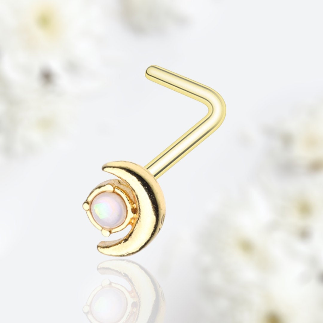 20G Gold White Opal Moon L Shape Nose Stud