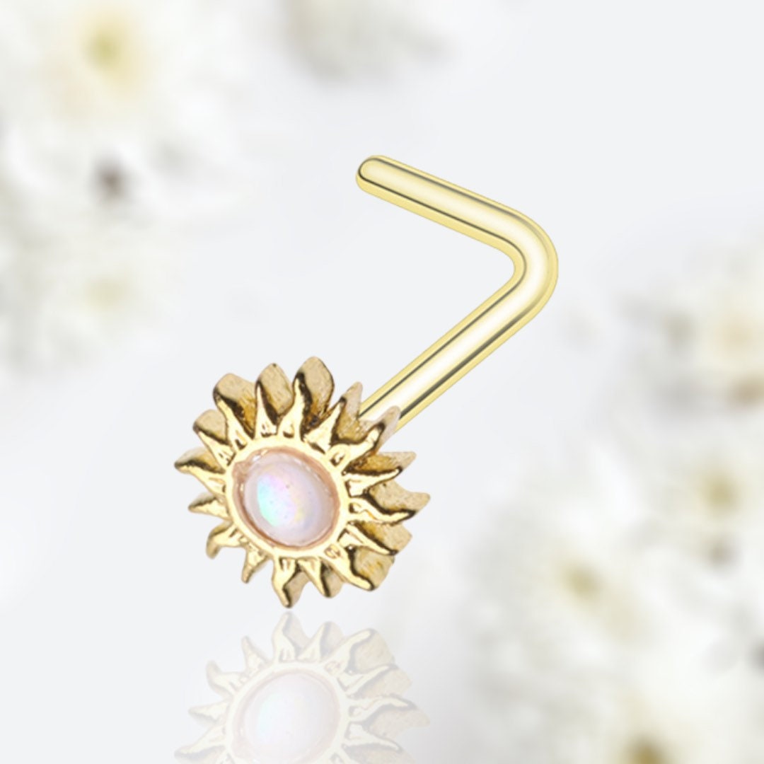 20G Gold White Opal Sun L Shape Nose Stud