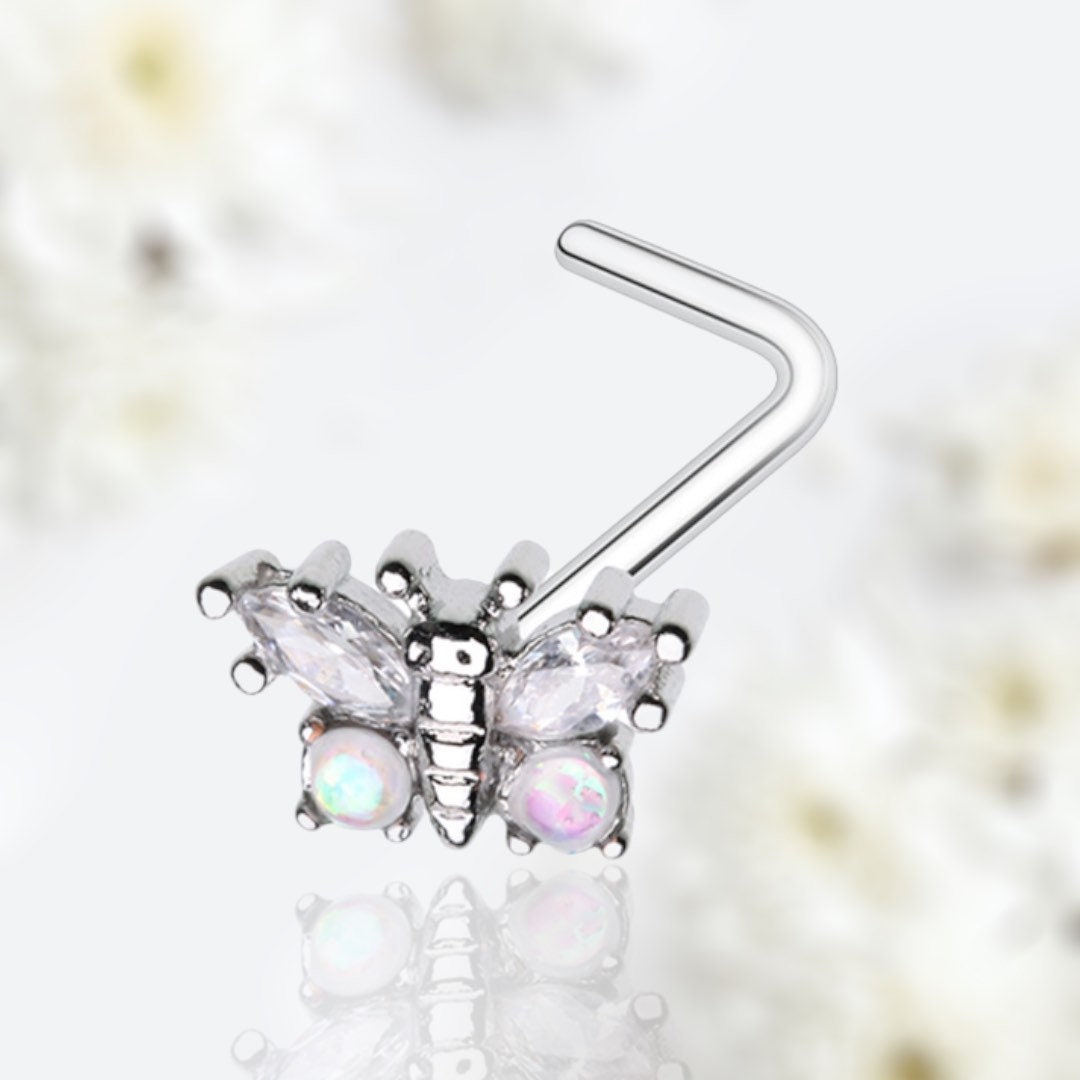 20G Silver White Opal Gem Butterfly L Shape Nose Stud