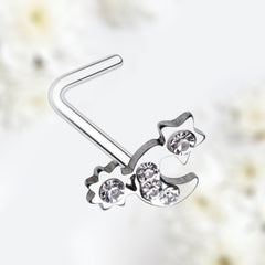 20G Silver Clear Gem Sun Moon Star L Shape Nose Stud