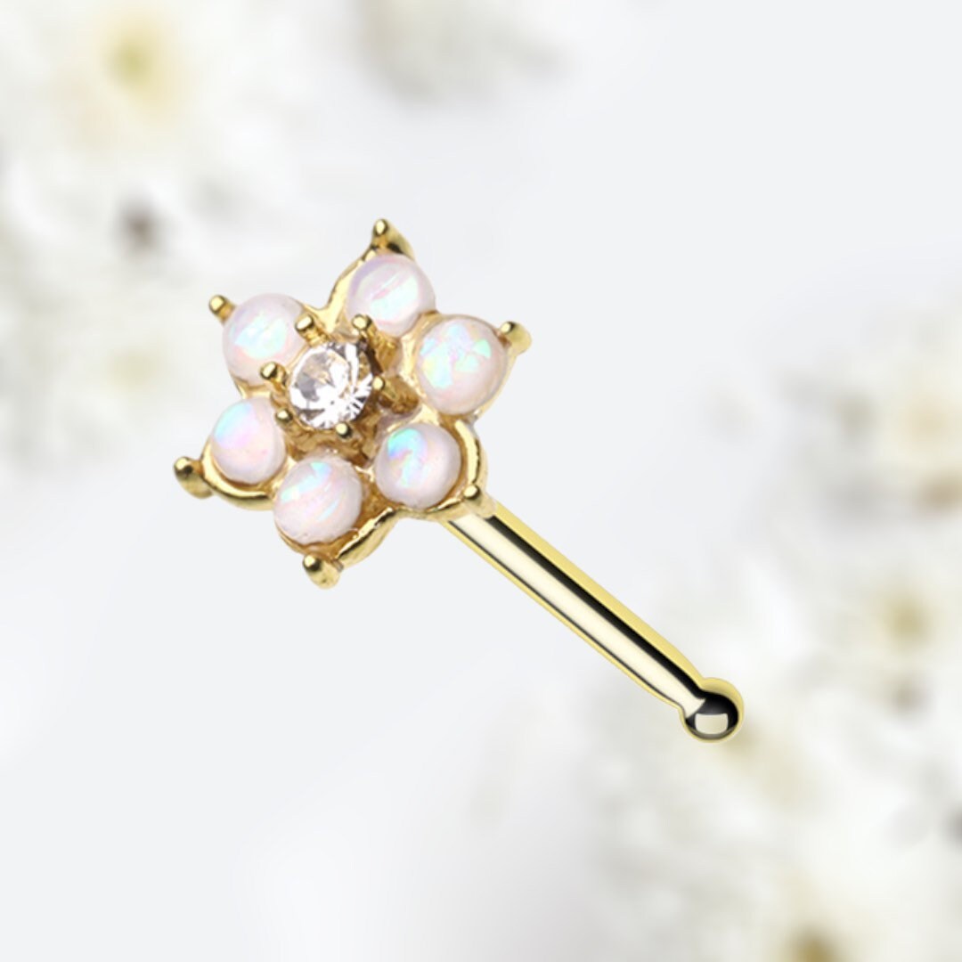 20G Gold White Opal Flower Nose Stud