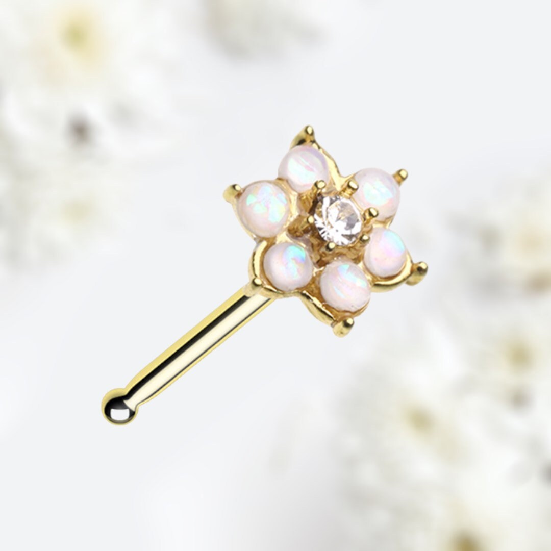 20G Gold White Opal Flower Nose Stud