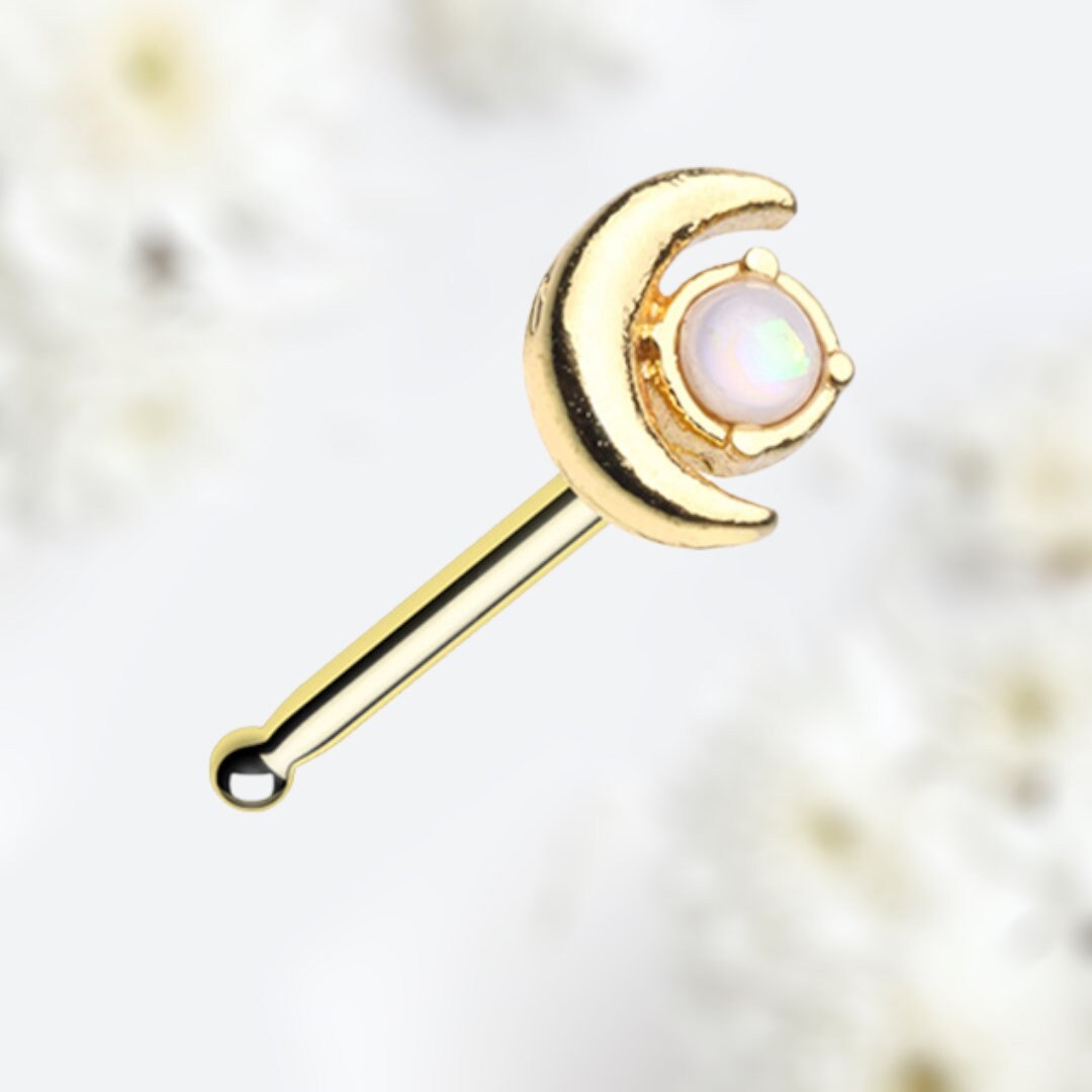 20G Gold White Opal Moon Nose Stud