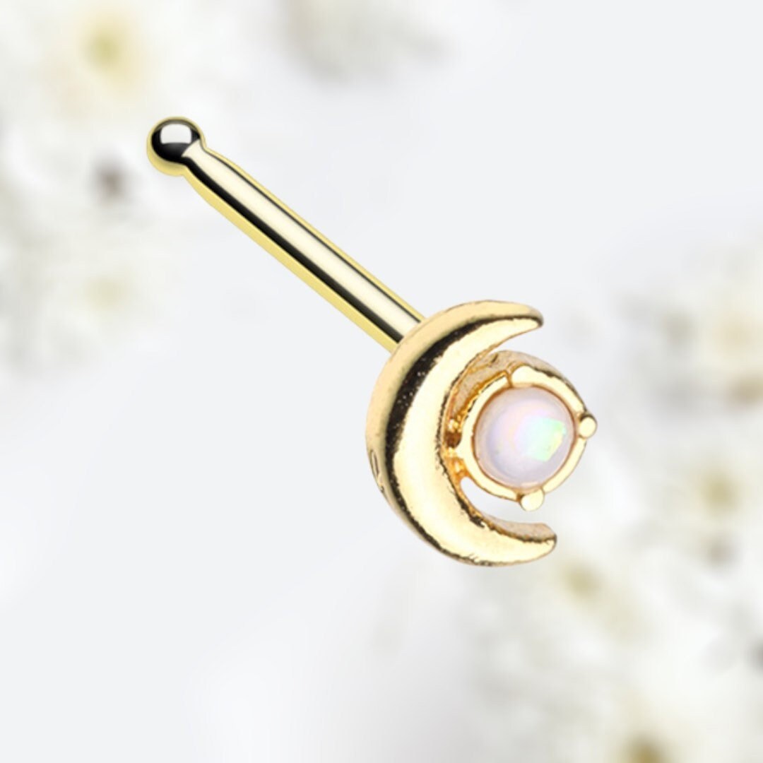 20G Gold White Opal Moon Nose Stud