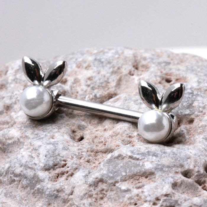 Pair of 14G Silver White Pearl Bunny Nipple Barbells