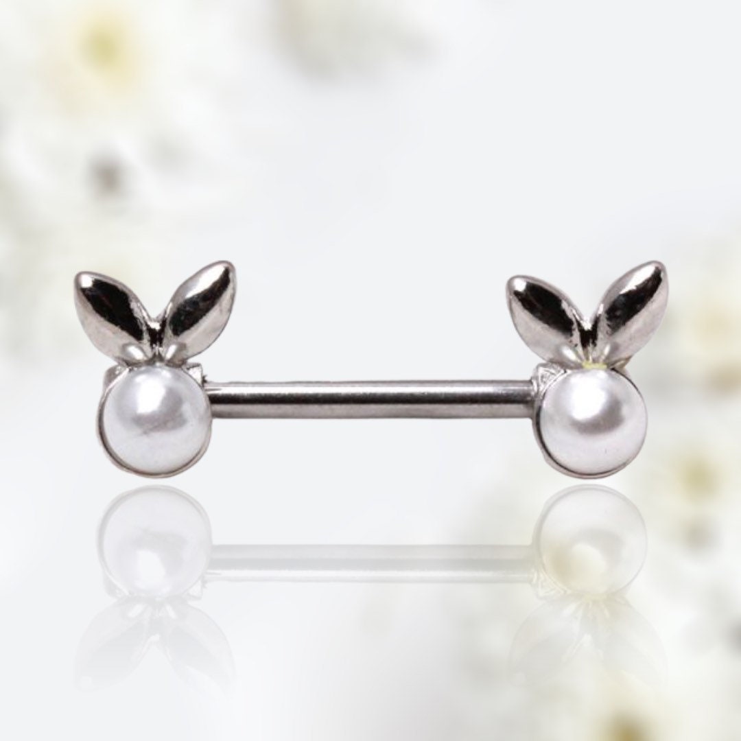 Pair of 14G Silver White Pearl Bunny Nipple Barbells