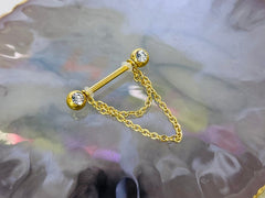 Pair of 14G Gold Dangling Chain Clear Gems Nipple Barbell