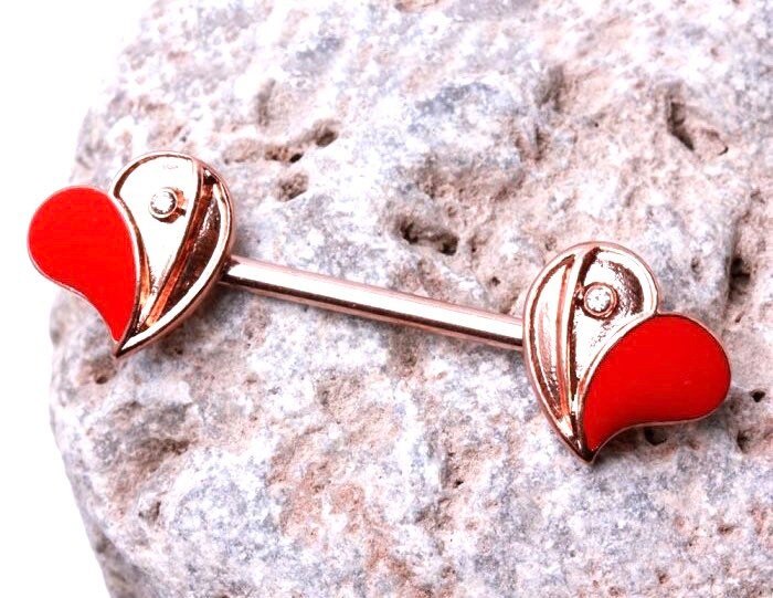 Pair of 14G Rose Gold Red Hearts Nipple Barbell