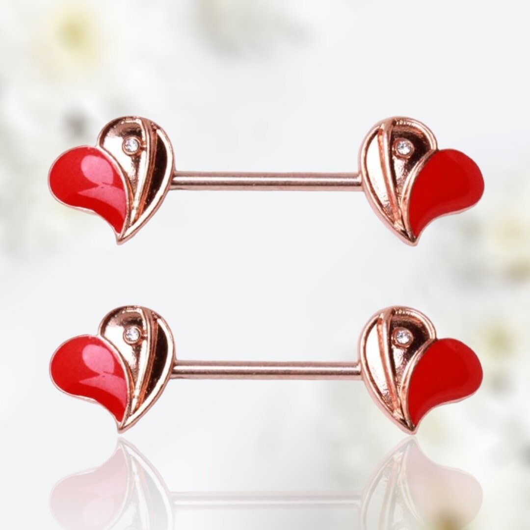 Pair of 14G Rose Gold Red Hearts Nipple Barbell