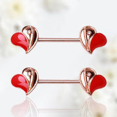 Pair of 14G Rose Gold Red Hearts Nipple Barbell