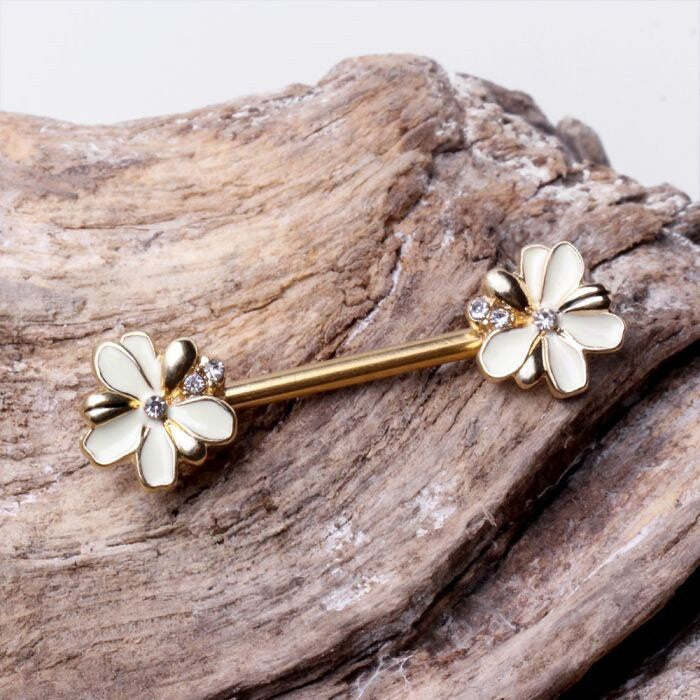 Pair of 14G Gold Clear Gems White Flowers Nipple Barbells