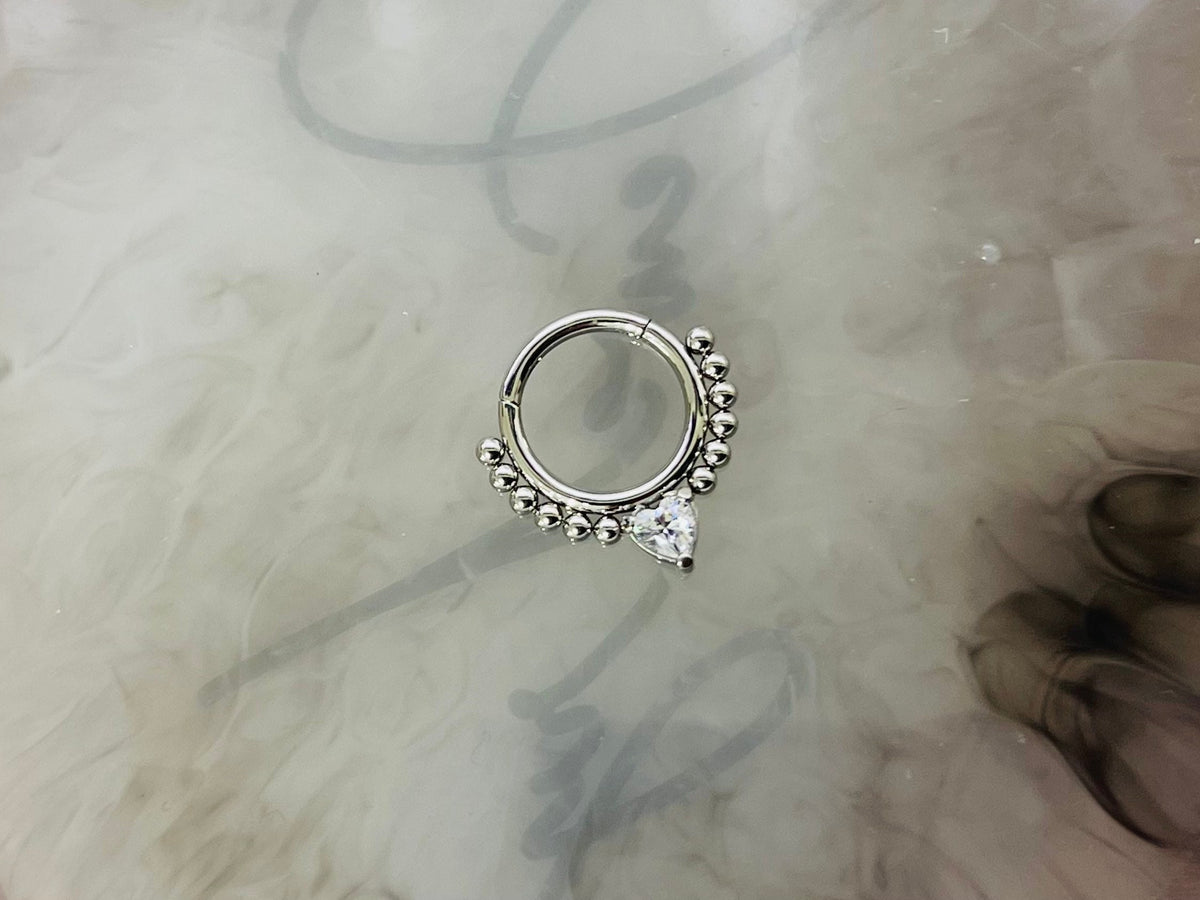 16G Silver Dainty Clear Gem Heart Center Hinged Septum Clicker Ring