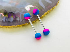 Pair of 14G Silver Pink Blue Rubber Ball Ends Nipple Barbell