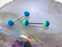 Pair of 14G Silver Blue & Green Rubber Ball Ends Nipple Barbell