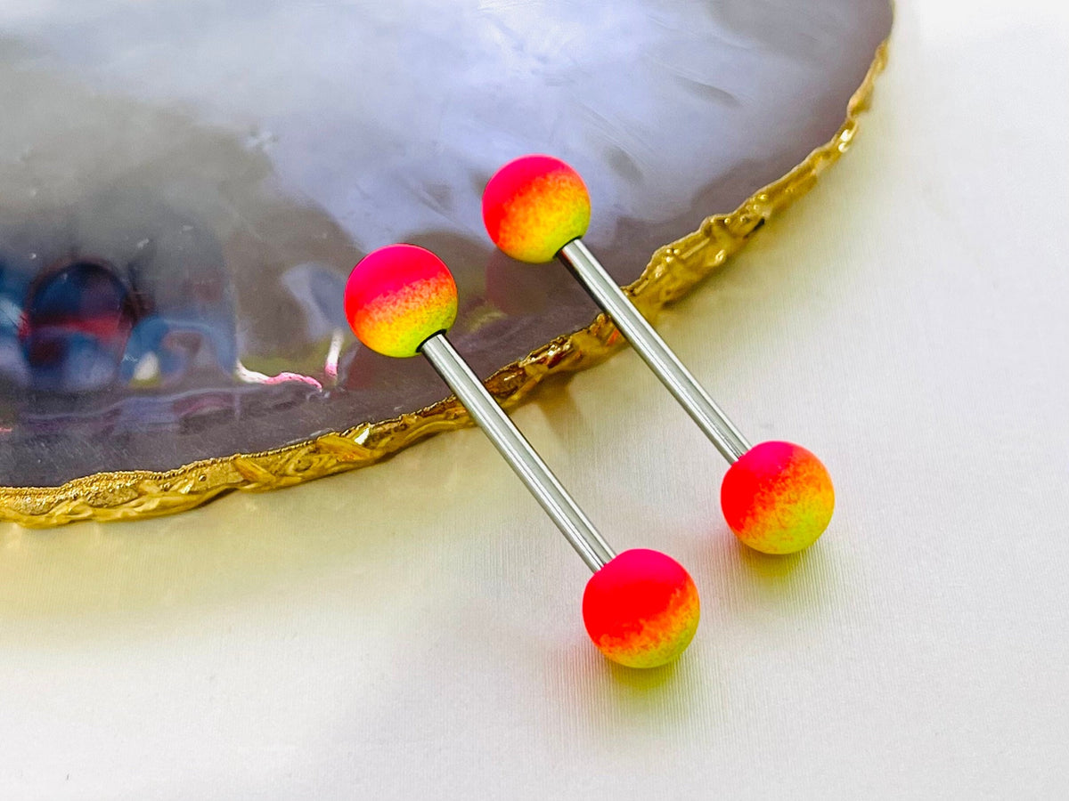 Pair of 14G Silver Pink & Yellow Rubber Ball Ends Nipple Barbell