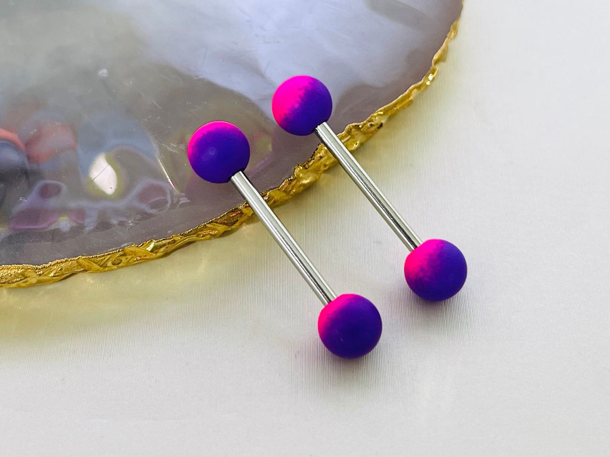 Pair of 14G Silver Pink & Purple Rubber Ball Ends Nipple Barbell