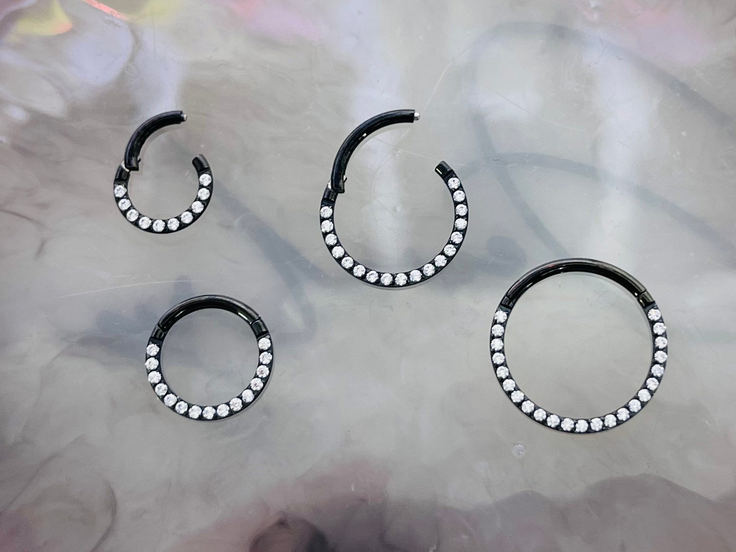 18G & 16G Black Clear Gems Hinged Septum Clicker Ring. Septum Ring. Septum Piercing. Cartilage Ring