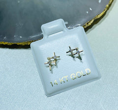 Dainty 14K Gold Two Cross with Clear Gem Screw Back Earrings