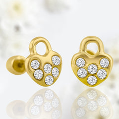 Dainty 14K Gold Heart Lock with Clear Gems Screw Back Earrings