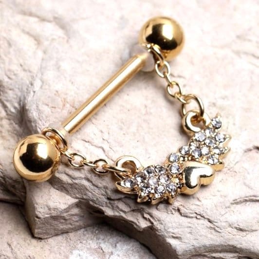 Pair of 14G Gold Sparkling Winged Heart Dangling Nipple Barbell