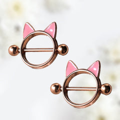 Pair of 14G Rose Gold Pink Cat Nipple Shield Barbell