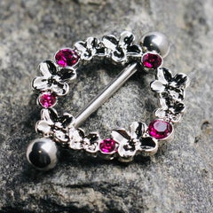 Pair of 14G Silver Flower Wreath with Hot Pink Gems Nipple Barbell