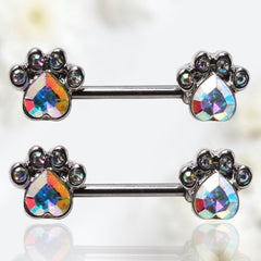 Pair of 14G Silver Sparkling Multicolor Stone Dog Paws  Nipple Barbell