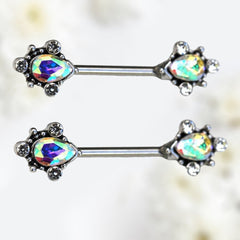 Pair of 14G Silver Ornate Multicolor Teardrop Nipple Barbell