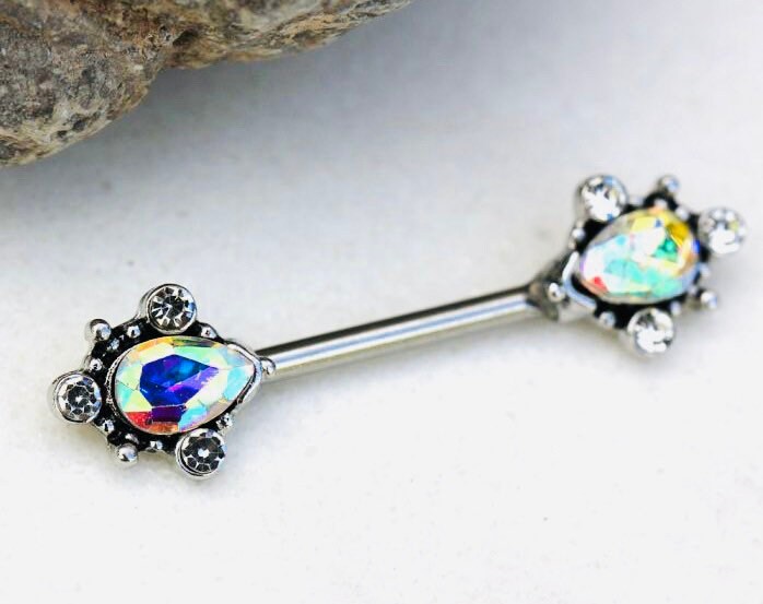 Pair of 14G Silver Ornate Multicolor Teardrop Nipple Barbell