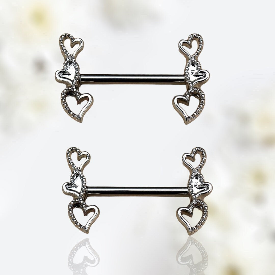 Pair of 14G Silver Triple Hearts Ends Nipple Barbell