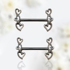 Pair of 14G Silver Triple Hearts Ends Nipple Barbell