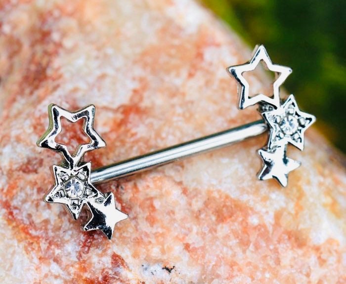 Pair of 14G Silver Triple Star Ends with Clear Gem Nipple Barbell