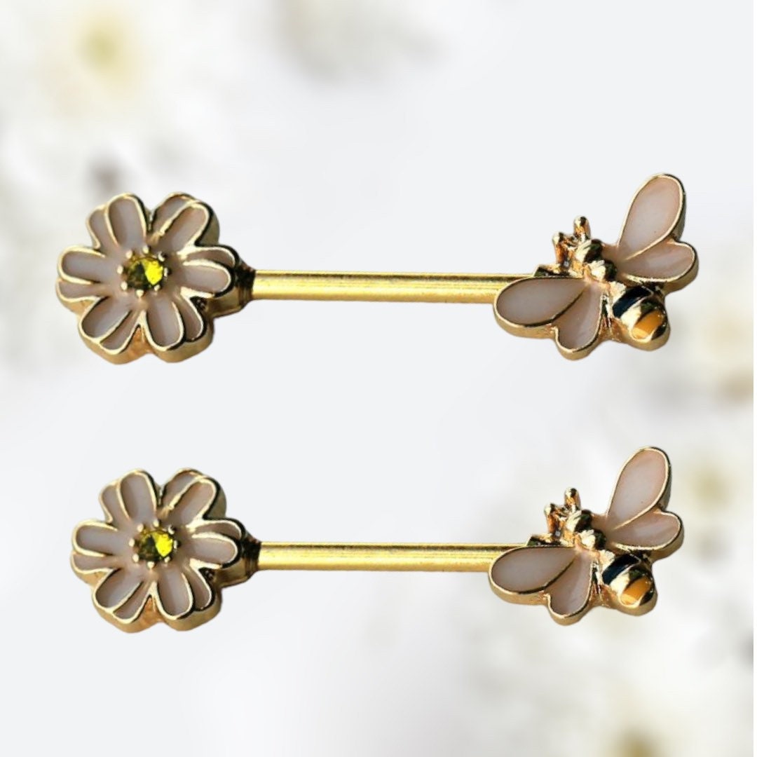 Pair of 14G Gold Pink Enamel Flower & Bee Nipple Barbell