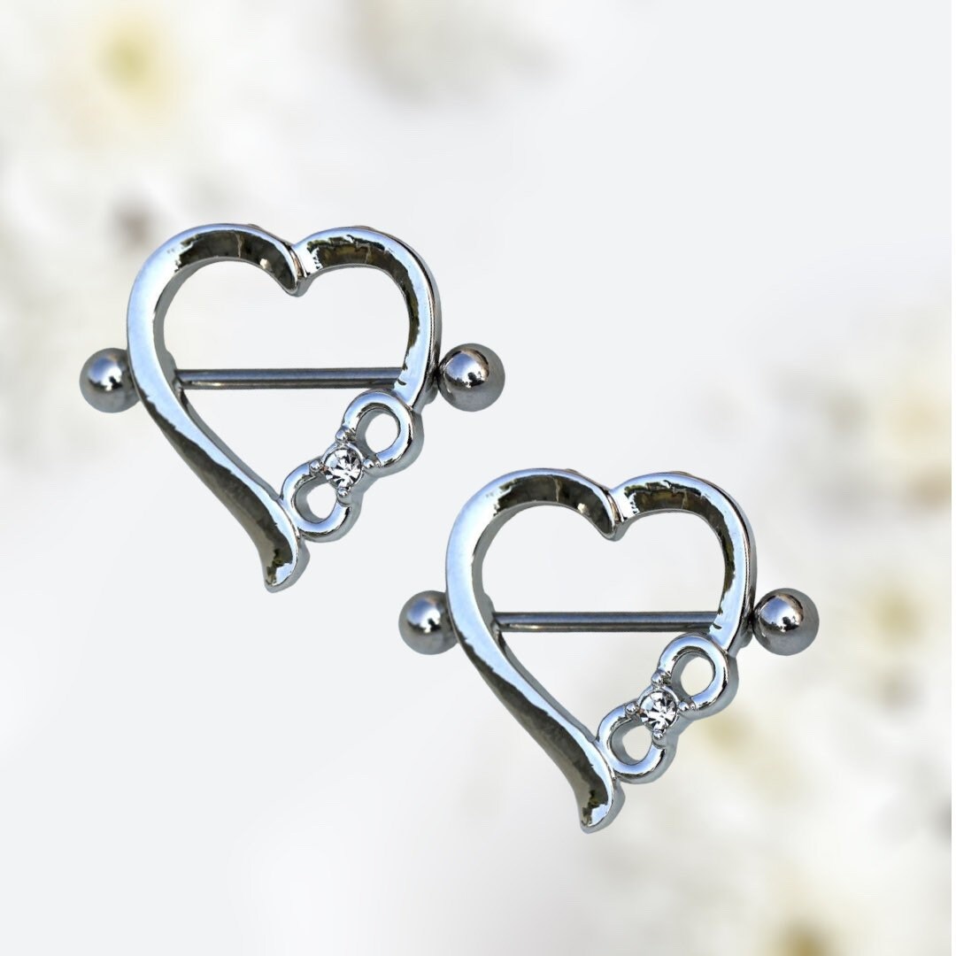 Pair of 14G Silver Heart Eternity Clear Gem Nipple Shield Barbell