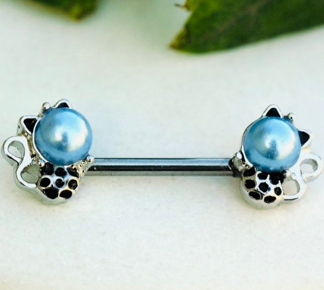 Pair of 14G Silver Light Blur Pearl Cat Nipple Barbell