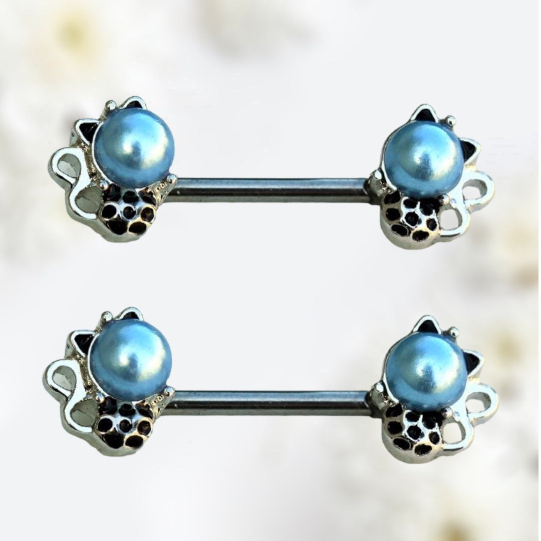 Pair of 14G Silver Light Blur Pearl Cat Nipple Barbell