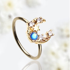 20G Gold Blue Opal Crescent Moon Bendable Nose Hoop Cartilage Hoop Ring