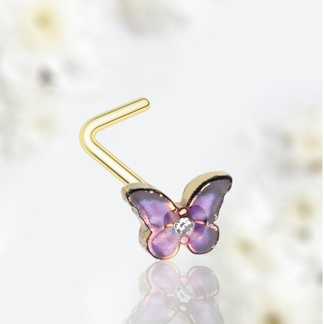 20G Gold Lavender Gem Butterfly L Shape Nose Stud