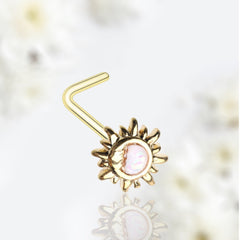 20G Gold White Opal Sun Crescent Moon L Shape Nose Stud