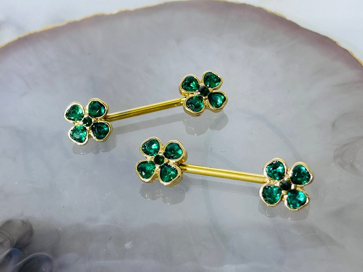 Pair of 14G Gold Emerald Heart Clover Nipple Barbells. Nipple Piercing. Nipple Rings. Nipple Jewelry.