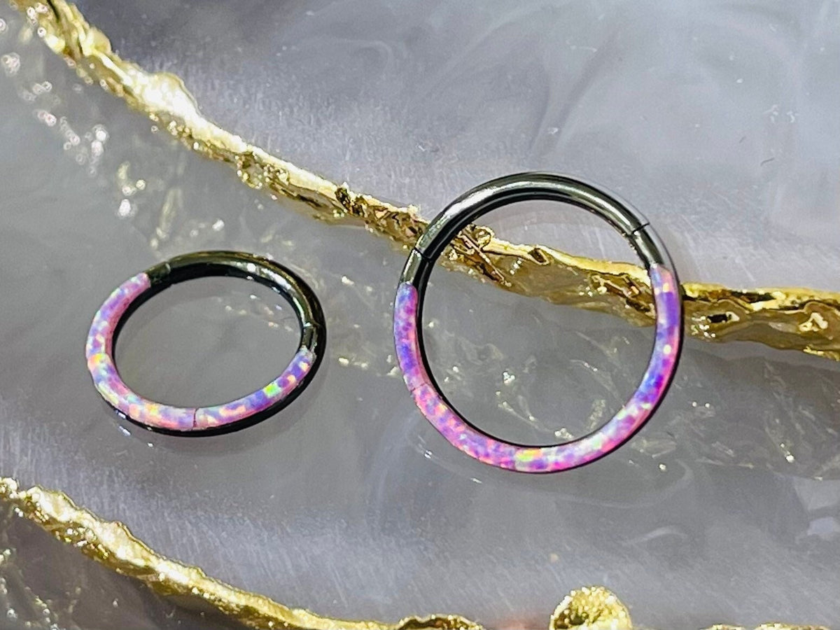 16G Black & Pink Opal Inlay Hinged Septum Clicker Ring. Septum Piercing. Septum Ring. Nose Ring. Body Jewelry.